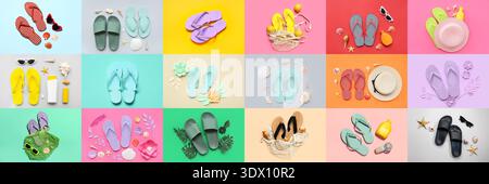Collage of flip-flops and beach items on color background Stock Photo