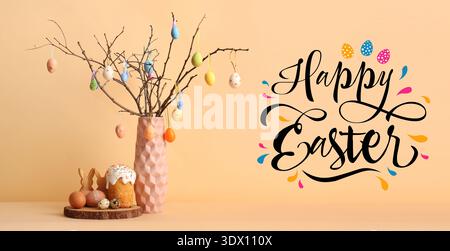 Easter greeting card with eggs, cake and decorations Stock Photo