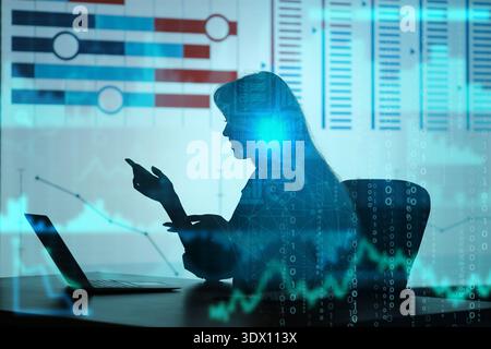 Double exposure of graphs and silhouette of young businesswoman. Data science concept Stock Photo