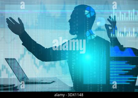 Double exposure of graphs and silhouette of young businessman. Data science concept Stock Photo