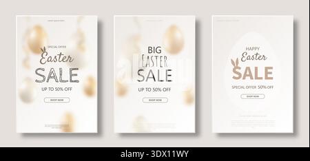 A set of Easter posters. Happy easter sale banner with blurred Easter eggs. Stock Vector