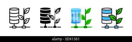Green server plate icon with connected lines flowing into a plant symbol. Ideal for eco data infrastructure, low carbon cloud, sustainable technology, Stock Photo