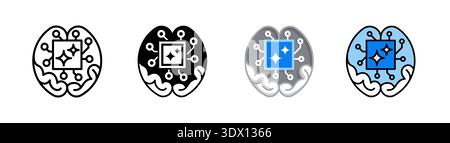 A segmented brain outline with an integrated chip, circuit pattern, and spark symbol. Designed for artificial intelligence, cognitive systems, and adv Stock Photo