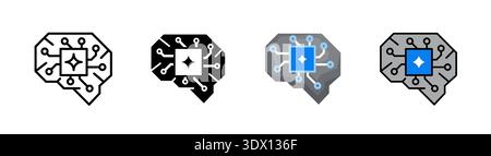 Artificial brain, straight style, with centralized chip element. Designed for automation systems, cognitive engines, and neural computing concepts. Stock Photo