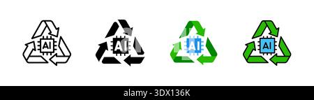Set of 4 recycle symbol with CPU or processor chip in the middle, icon related to circular AI, reusable model, and resource efficiency with variation Stock Photo