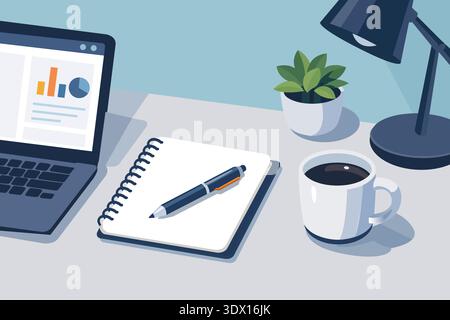 A high-angle POV shot of a modern home office in a calm cool blue atmosphere. The scene highlights a laptop showing bar graphs, a dark blue desk lamp, Stock Vector
