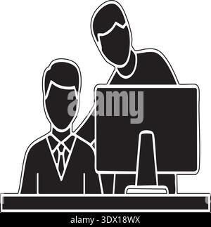 Two businessmen using a computer together in an office setting Stock Vector