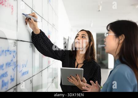 Multiethnic managers using Kanban board for teamwork Stock Photo