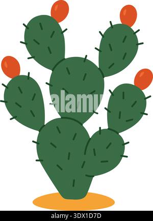 Nopal cactus with red fruits. Flat vector prickly pear illustration for Mexican nature, agriculture, or food designs Stock Vector