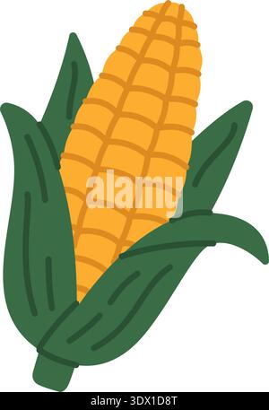 Bright yellow corn cob with green husk. Flat vector illustration of maize for Mexican agriculture and food design themes Stock Vector