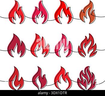 Fire flame clipart set. Vector border with burning flames in multiple variations for digital decorations and designs Stock Vector
