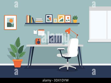 A clean and modern flat vector illustration of a home office interior. Featuring a desk with a laptop, bookshelf with colorful books and pictures, an Stock Vector