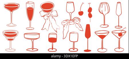 Hand-drawn drinks, glasses and cocktails collection for event, wedding or party decor, cafe menu or branding in line art style Stock Vector