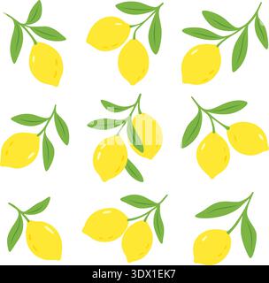 Flat lemons with leaves in bright minimal cartoon vector style Stock Vector