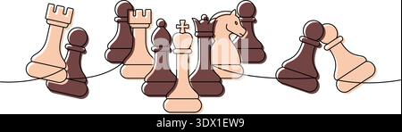 Linear minimalist outline of multiple chess pieces in a full formation on a line, abstract contour art of strategy Stock Vector