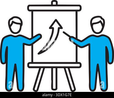 Flat vector icon of two business consultants presenting growth strategy on board with upward arrow chart. Modern teamwork and corporate planning conce Stock Vector