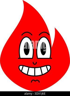 Red flame cartoon with nervous smile and wide eyes. Funny fire character illustration for playful design and kids projects. Stock Vector