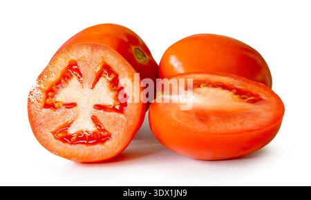 Two ripe red tomato fruits with two halves in stack are isolated on white background with clipping path. Stock Photo