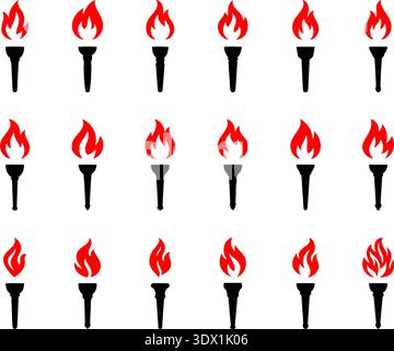 Set of burning torch icons with red flames. Collection of black silhouette fire torches for design, sports, ceremony, freedom and victory concepts Stock Vector