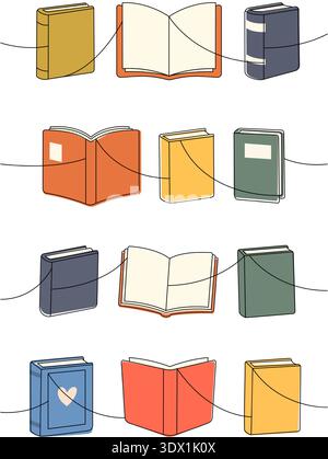 Open and closed books with varied covers. Minimal reading and learning aesthetic Stock Vector