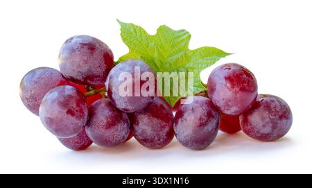 A bunch of sweet ripe red grapes with green leaf in stack is isolated on white background with clipping path. Stock Photo