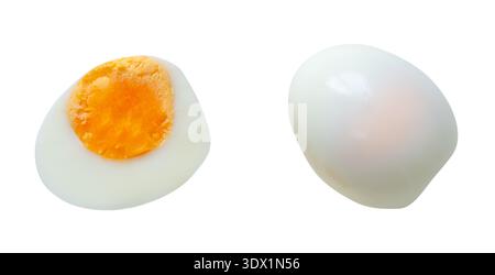 Top view set of cooked or boiled unpeeled chicken egg with egg yolk in whole  and half is isolated on white background with clipping path. Stock Photo