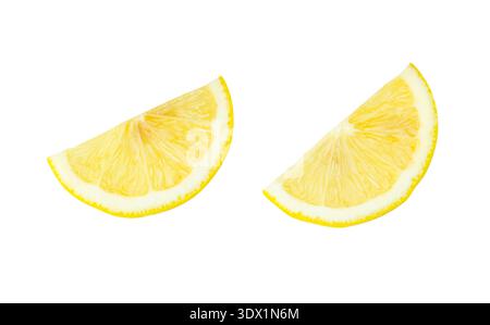 Top view set of ripe yellow lemon fruit in slices in quarter shapes is isolated on white background with clipping path. Stock Photo