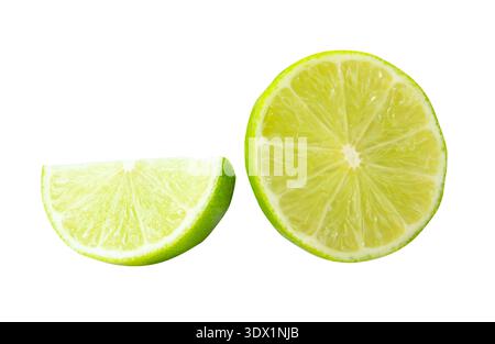Front view set of fresh green lemon fruit in half and quarter or piece is isolated on white background with clipping path. Stock Photo