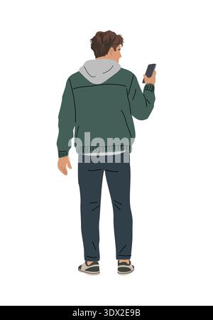 Young man viewed from behind holding phone Stock Vector