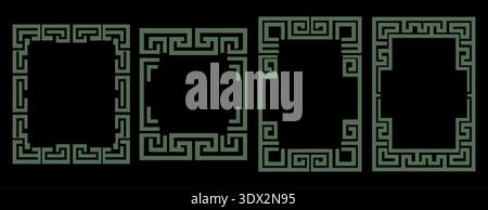 A professional collection of four rectangular frames featuring classic Greek key and meander patterns in green. Stock Vector