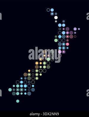 New Zealand, shape of the country built of colored cells. Digital style map of New Zealand on a dark background. Large size circle blocks. Stock Vector