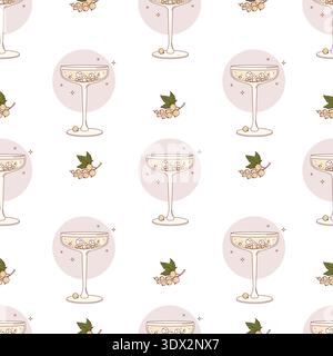 White Currant Cocktail in Elegant Coupe Glass Seamless Pattern. Refreshing Chilled Drink with Ice Cubes, Berries Background. Vector Illustration Stock Vector
