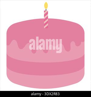 A cute pink birthday cake with dripping frosting and a striped candle on top. Flat vector illustration isolated on white background Stock Vector