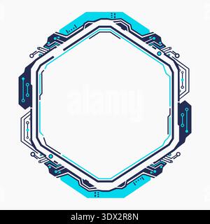 A modern hexagonal border featuring high-tech digital circuits and futuristic geometric patterns in bright cyan and dark blue. Stock Vector