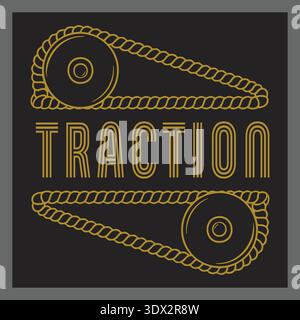 Industrial badge with traction text and belt and pulley line art in golden tones Stock Vector