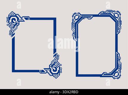 A modern set of two rectangular borders featuring intricate digital circuit and futuristic geometric patterns in blue. Stock Vector
