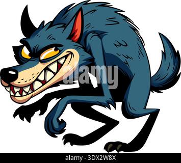 Evil cartoon gray wolf with a treacherous smile and sharp teeth. Isolated vector illustration on white background. Stock Vector