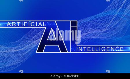 AI letter logo design - abstract presentation with text Artificial Intelligence - simple design into background of grid waves - 3D Illustration Stock Photo