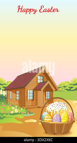 Happy Easter vertical vector illustration with a cake with colorful eggs in a basket and a rustic cottage in a spring garden and copy space for text. Stock Vector