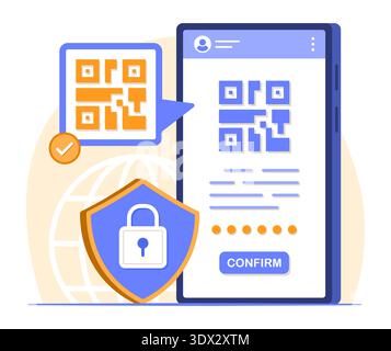 Security Lock Shield on Smartphone with QR Code Password Confirmation to Protect Online Digital Privacy Data for Cyber Security Technology Concept Stock Vector