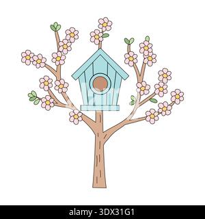 Blossoming spring tree with a cute blue wooden birdhouse vector Stock Vector