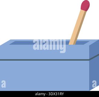 Flat illustration of a blue matchbox with one matchstick standing upright Stock Vector