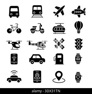 Explore a versatile collection of black silhouette transportation icons. Perfect for design projects, these images depict various modes including vehi Stock Vector