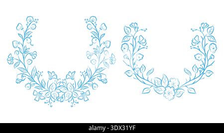 Floral frames with flowers, twigs, and leaves. Vector illustration. Hand-drawn botanical round wreaths in line art, isolated on a white background.set Stock Vector