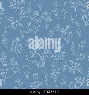 Spring flowers with petals and leaves. Vector illustration. Elements of wild and garden plants, branches, and herbs, seamless pattern isolated on back Stock Vector
