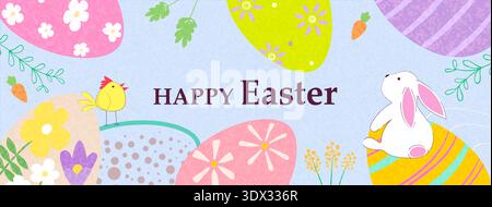 A cute Easter card with a bunny and chick. A trendy modern design featuring patterned Easter eggs on a textured background. Vector illustration. Stock Vector