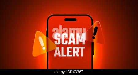 Scam Alert notification on a smartphone screen, indicating a digital threat, online fraud, or cybersecurity risk. Vector illustration. Stock Vector