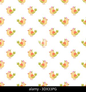 Seamless spring pattern with cute birds on white background. Cartoon vector print.  Stock Vector