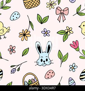 Seamless Easter doodle pattern with black outline on a pink background. Stock Photo