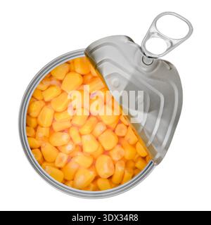 Canned corn in a tin can, isolate on white background. Stock Photo